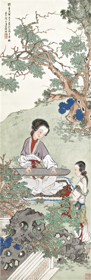 LADY PLAYING MUSIC IN GARDEN by Xu Cao