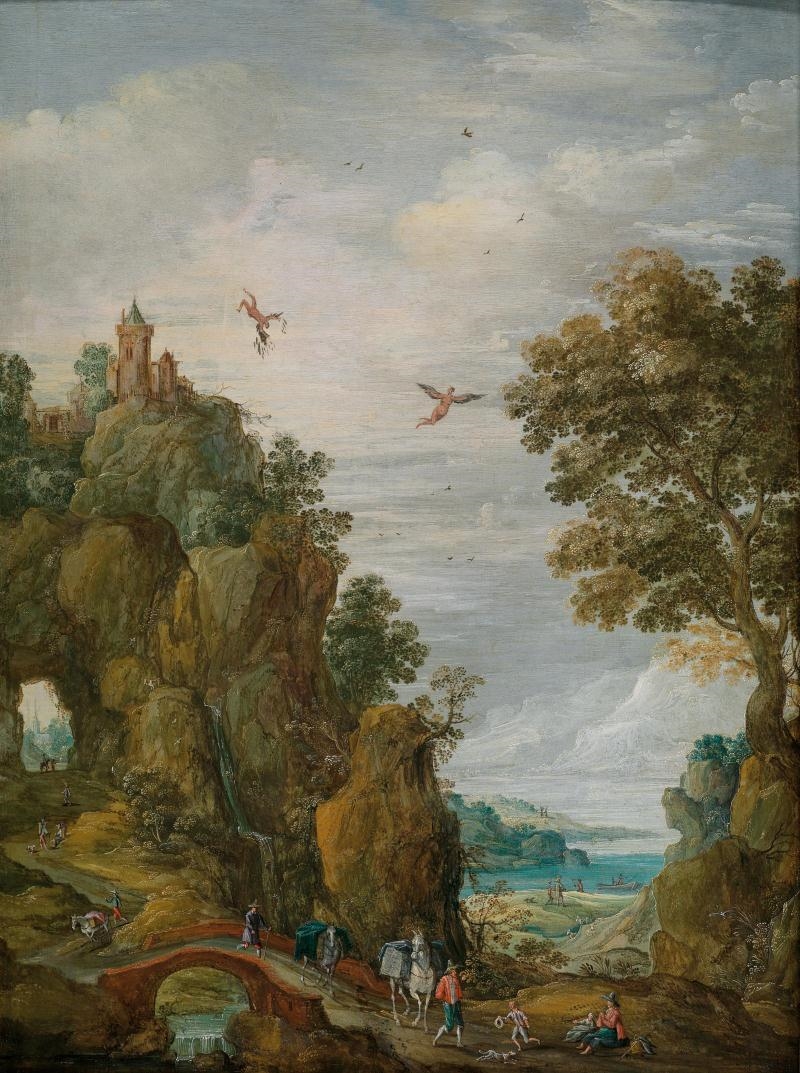 Artwork by Tobias Verhaecht, 2 works; A pair of mountainous river landscapes with numerous figures and the Fall of Icarus, Made of oil on panel