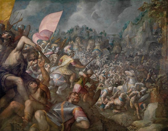 Cavalry engagement with war elephants in front of a fortification (probably a depiction of the Battle of Alexander at Issus) by Gillis van Valckenborch