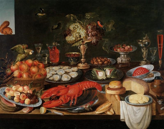 An opulent kitchen still life with a lobster, oysters, fruit, cheese and a parrot by Artus Claessens