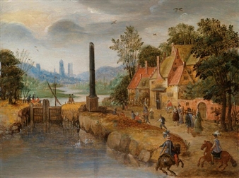 Eine reich staffierte Dorfansicht mit einem Kanal und einer Schleuse - Mattheus Molanus