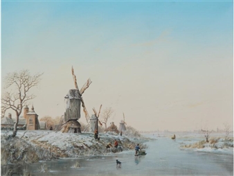 Frozen Lake Scene with Figures and Windmills - V. Gunn
