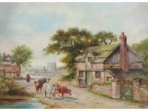 2 Works: Rural Scenes with Figures in Front of Thatched Houses - J. W. Smith