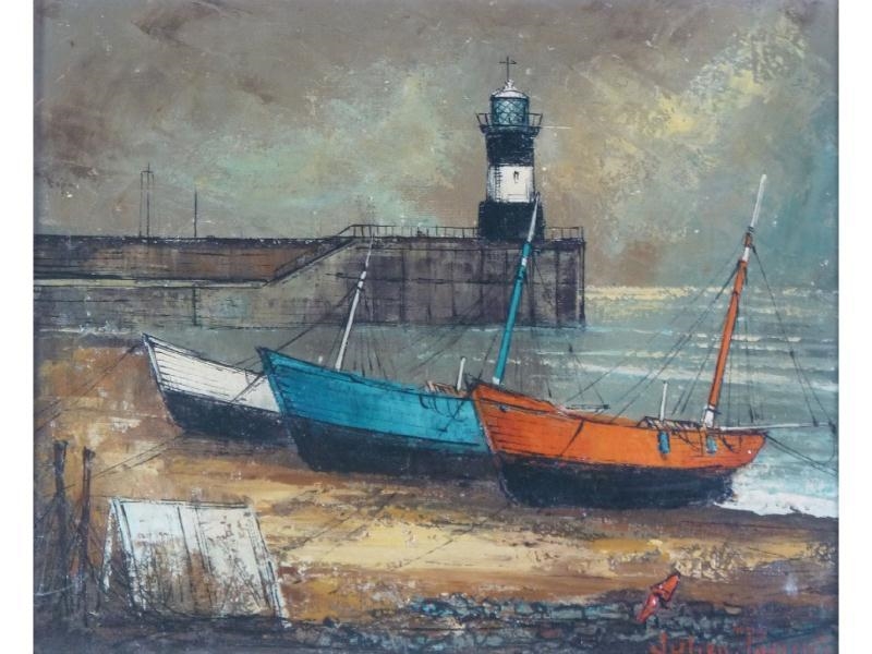 Artwork by Julien Porillé, Harbour Scene with Beached Boats, Made of Oil on canvas