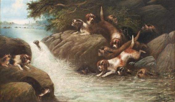 Artwork by Edward Armfield, 2 works; Dogs Hunting Otter in River, Made of oil on masonite