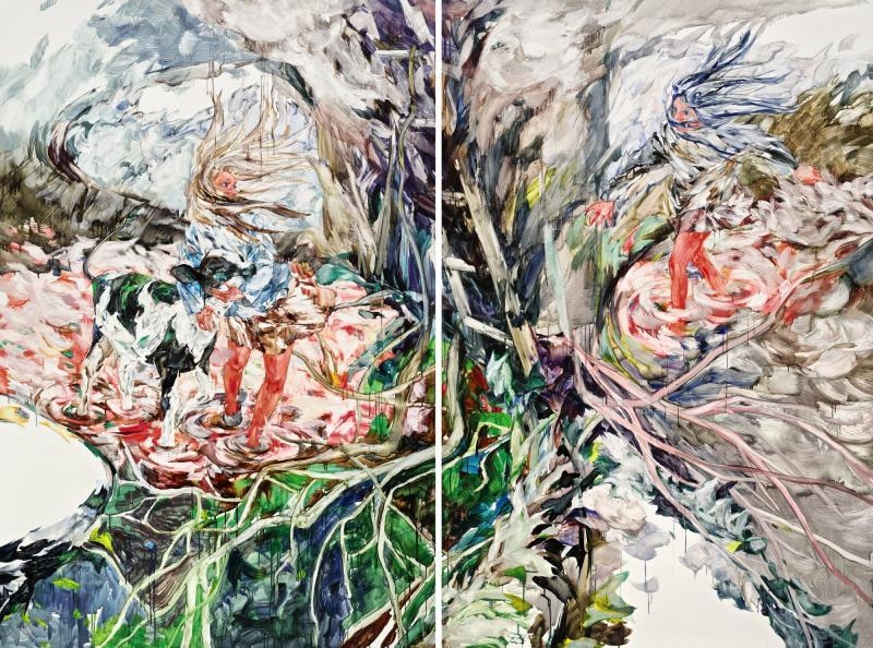 Artwork by Maiko Kasai, DON'T TAKE MY CALF!  (DIPTYCH), Made of oil on canvas