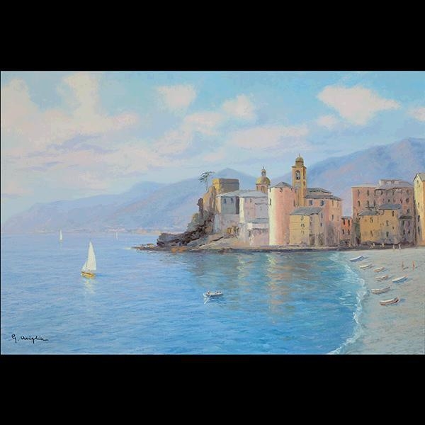Artwork by G Ariglia, Italian Coastal with Town and Sailboats, Made of Oil on canvas