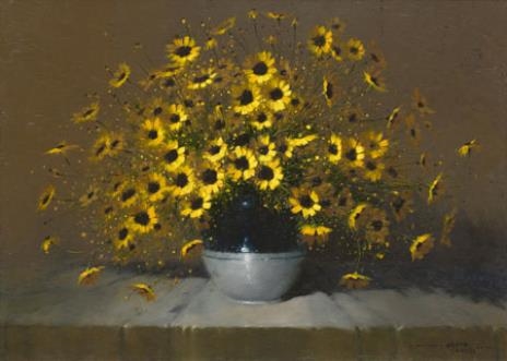 Artwork by Hennie Griesel, Still Life, Yellow Daisies in a Vase, Made of oil on canvas on board