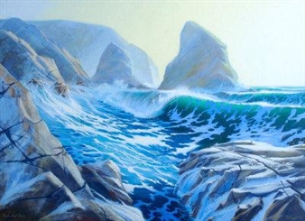 A dramatic seascape painting featuring a powerful wave crashing against rocky cliffs under a pale sky.