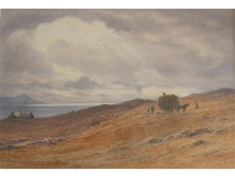 A moody coastal landscape painting featuring a horse-drawn cart on a grassy hill under an overcast sky.