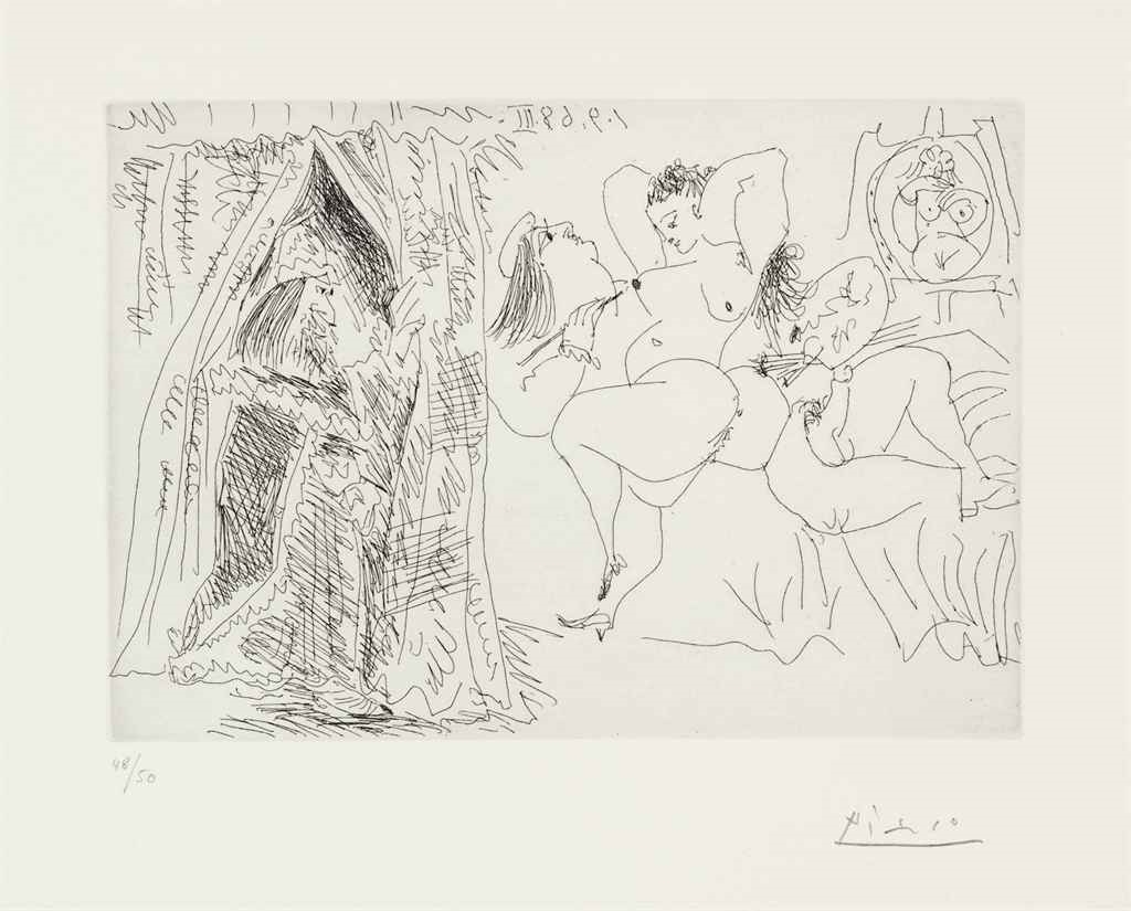 Artwork by Pablo Picasso, Raphaël et la Fornarina. VIII: le Pape entre, avec un sourire patelin, from La Série 347, Made of etching