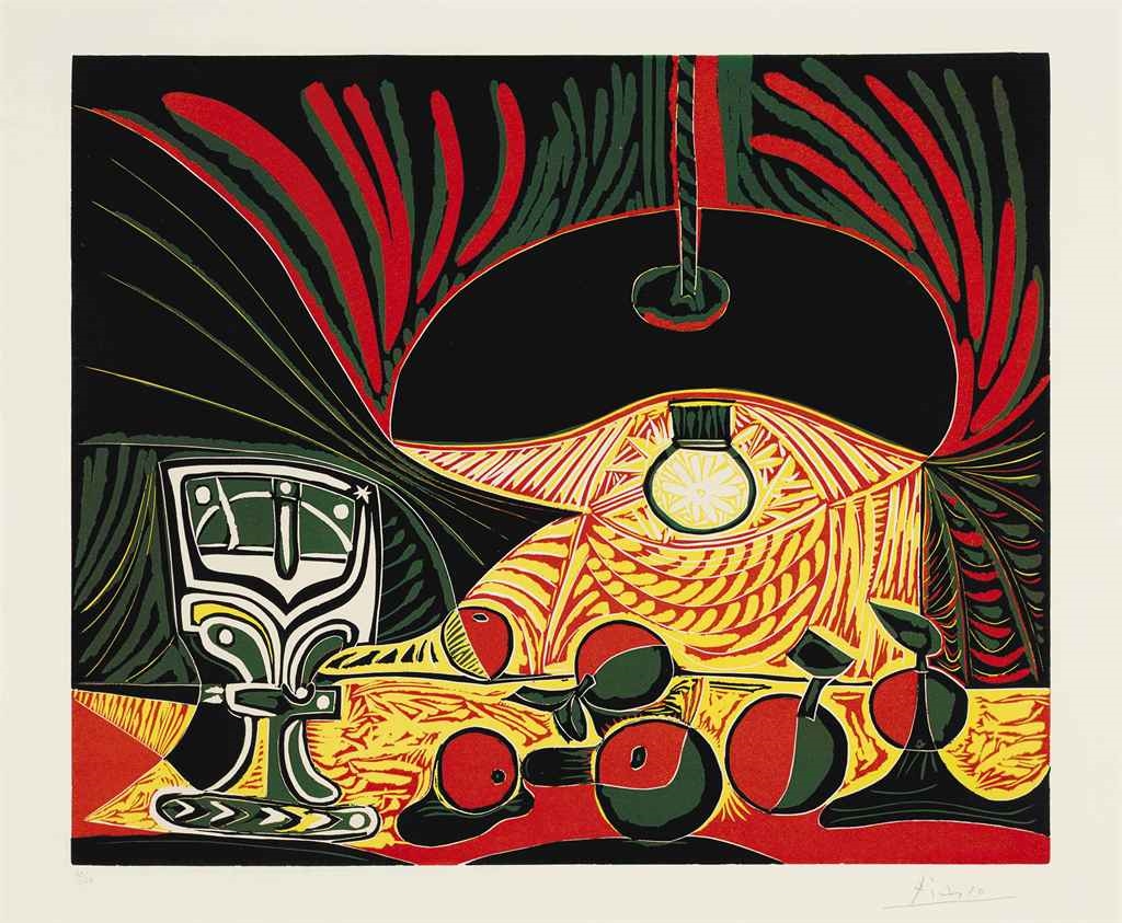 Artwork by Pablo Picasso, Nature Morte au Verre sous la Lampe, Made of linocut in colors