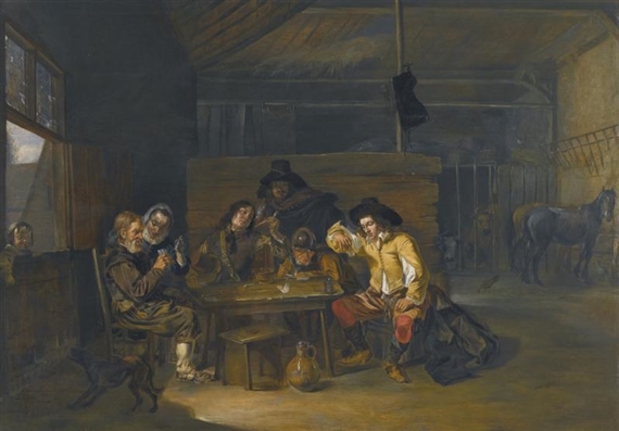 A TAVERN INTERIOR WITH CAVALIERS AND PEASANTS PLAYING CARDS by Herman van Lin, 1651