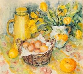 STILL LIFE WITH TULIPS AND EGGS by Marion Drummond