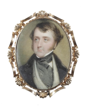 A portrait miniature of a Gentleman, wearing black coat, spotted white waistcoat and white chemise, charcoal grey stock and tied cravat - Frederick Cruickshank