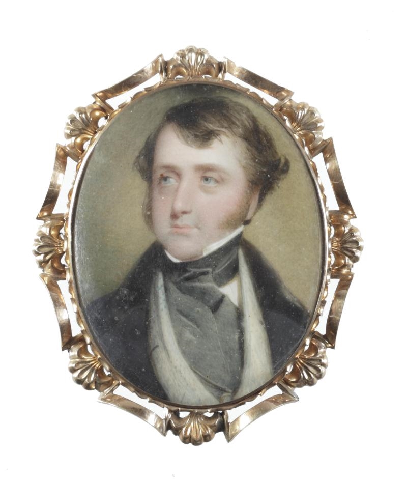 Artwork by Frederick Cruickshank, A portrait miniature of a Gentleman, wearing black coat, spotted white waistcoat and white chemise, charcoal grey stock and tied cravat, Made of Watercolour on ivory