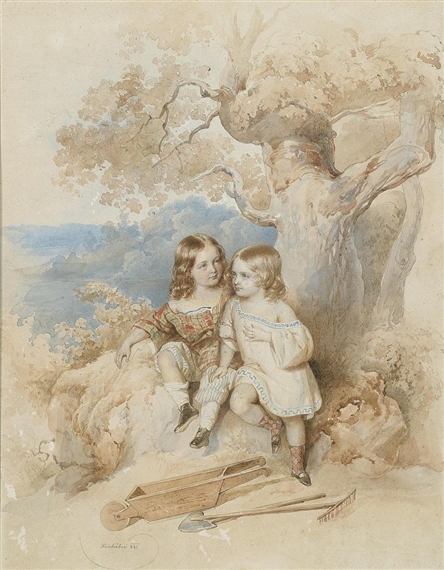 Siblings Sitting Under an Oak Tree by Josef Kriehuber, 1841