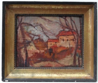 A small framed landscape painting featuring a red-roofed house amidst bare trees.