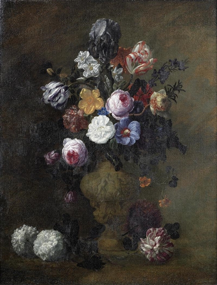 Tulips, roses, carnations and other flowers in a sculpted vase with geraniums and a rose on a ledge by Nicolaes van Veerendael