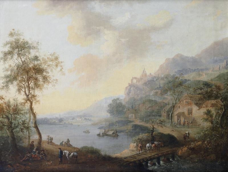 Christian Georg Schütz I | A river inlet with figures crossing a bridge ...