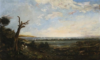 PORT PHILLIP BAY, FROM THE SOUTH WEST CORNER OF ROYAL PARK ACROSS BATMAN'S SWAMP (WEST MELBOURNE SWAMP) TO PORT MELBOURNE WITH WILLIAMSTOWN TRAIN CROSSING - J.S. Calder