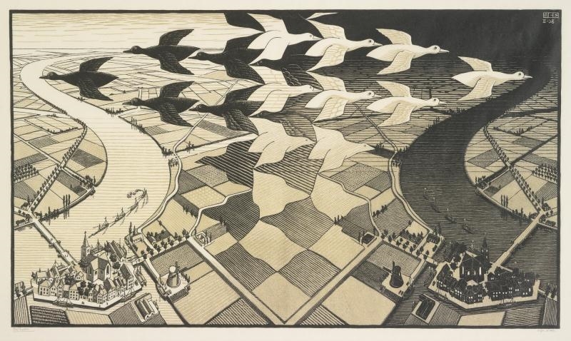 Artwork by Maurits Cornelis Escher, DAY AND NIGHT (B./K./L./W. 303), Made of Woodcut printed in black and grey