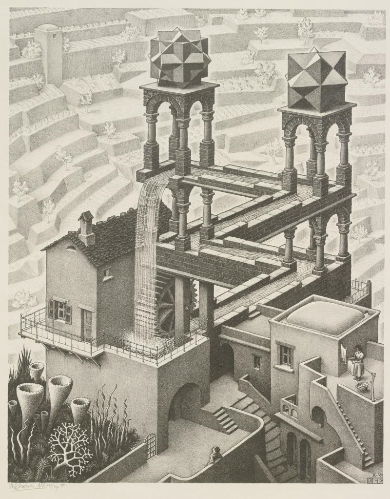 Artwork by Maurits Cornelis Escher, WATERFALL (B./K./L./W. 439), Made of Lithograph printed in black and grey