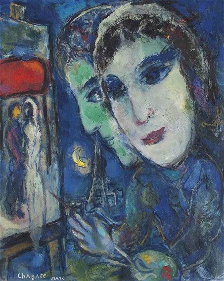 A painterly portrait of a figure with dark hair and bold makeup, set against a deep blue background with an easel on the left.