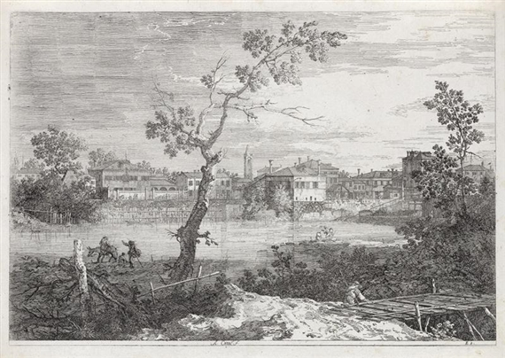 View of a Town on a River Bank by Canaletto, circa 1740