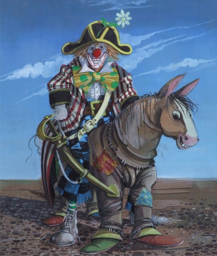 Clown Riding a Pantomime Horse by Francis Wainwright, 1986