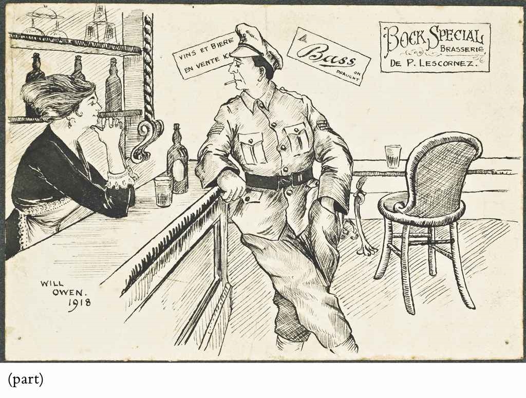 Artwork by Will Owen, 18 works; Liverpool weekly courier competition for soldiers, Made of pen and black ink and watercolour; pen and blue ink; pencil pen and black ink and wash