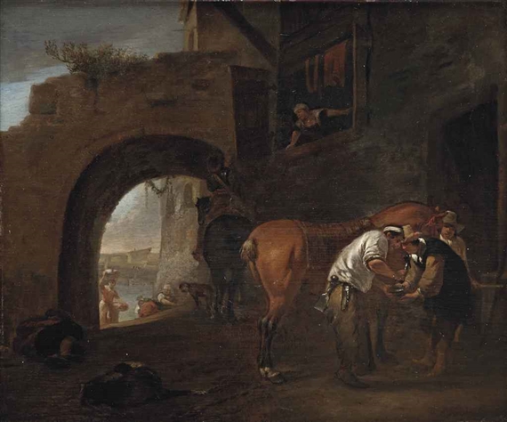 A blacksmith on the outskirts of a city wall, an Italianate river landscape beyond the archway by Hendrick Verschuring, 1635