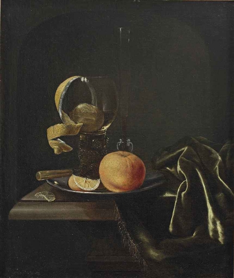 An orange, a peeled lemon and a glass on a pewter dish, all on a partially draped table by Pieter van den Bosch