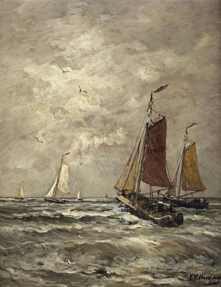 Bomschuiten in the surf, Scheveningen by Hendrik Willem Mesdag, 1831-1915