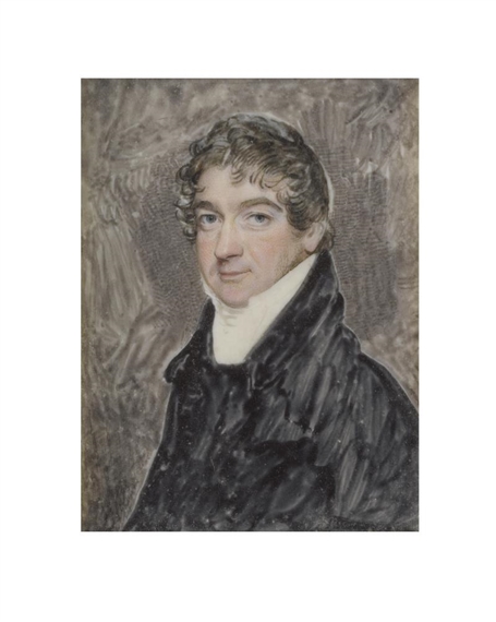 An unfinished portrait of a Gentleman called, George Eyre, wearing blue coat, white chemise and stock by Frederick Cruickshank