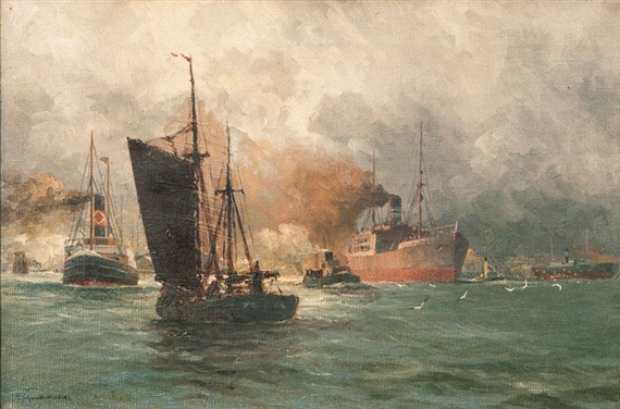 Port of Hamburg with Steamship of the Woermann Shipping Comapny by Robert Schmidt Hamburg