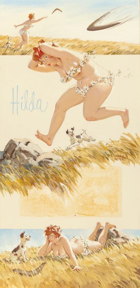 Hilda Dodging the Boomerang, calendar illustration by Duane Bryers