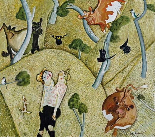 Grassy Painting with William and Shirley Looking at a Regency Bower Bird by William Robinson, 1985