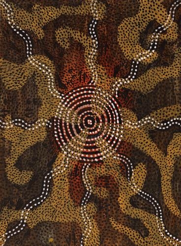 Artwork by Tim Leura Tjapaltjarri, Euro Dreaming, Made of synthetic polymer paint on composition board