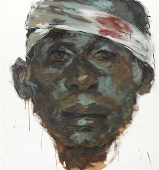 A raw, expressive portrait of a person with a headband and visible blood.