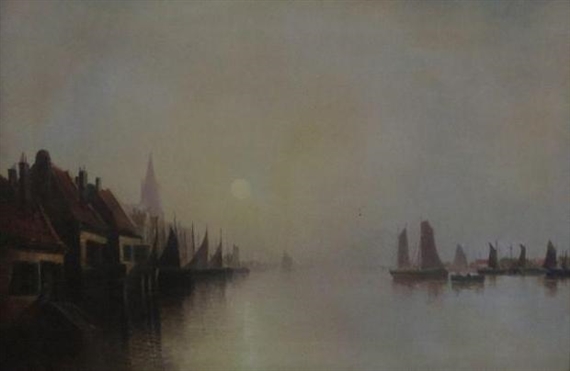 Dutch Fishing Boats in Harbour by Augustus van Hier