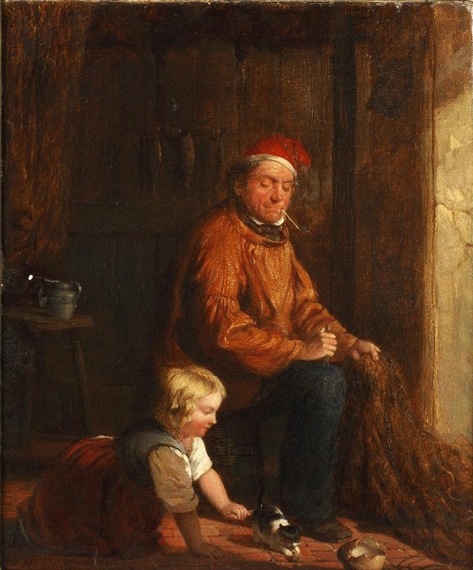 2 Works : A sailor mending nets, a child playing with a kitten at his feet ; Three children on a path before a cottage by William Hemsley