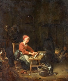 Dutch Interior with a Family Preparing Fish - Isack de Mes