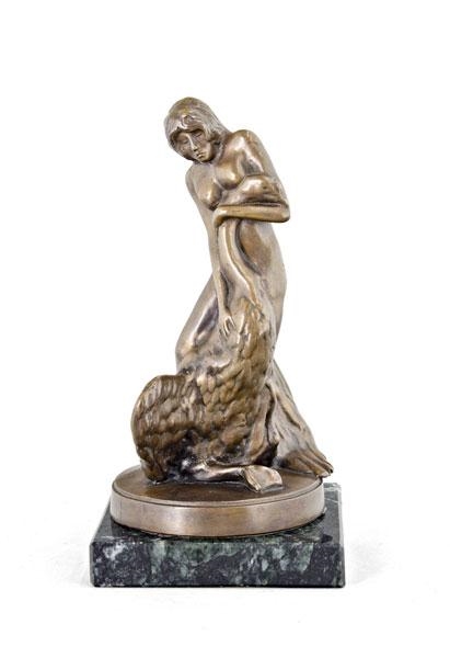 Artwork by Miklós Melocco, Leda with the swan, Made of bronze on marble pedestal