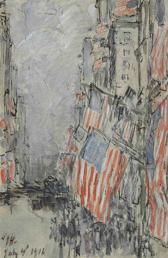 Artwork by Childe Hassam, Flag Day, Fifth Avenue, July 4th 1916, Made of watercolor, ink and chalk on paper