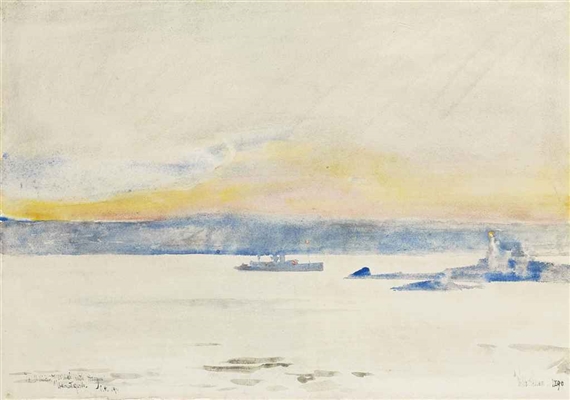 Afterglow, Gloucester Harbor (Ten Pound Island Light) by Childe Hassam, 1890