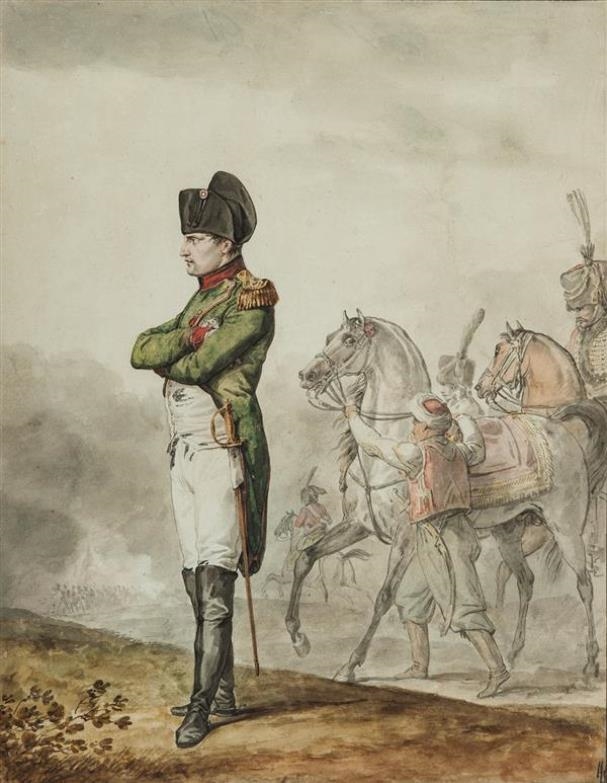 Artwork by Horace Vernet, Portrait de Napoléon en pied regardant une bataille, en arrière-plan un mamelouk tenant son cheval, Made of watercolor over traces of black chalk, heightened with white gouache