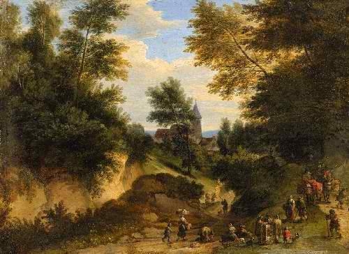 LANDSCAPE WITH CHURCH AND PEASANTS by Flemish School, 17th Century, 2nd half 17th century