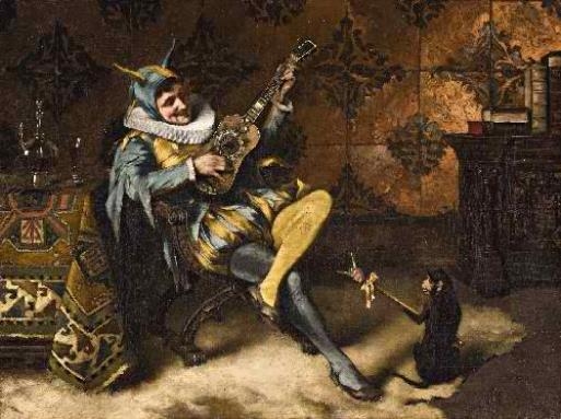 THE SERENADE (HARLEQUIN WITH A MONKEY) by Max Volkhart