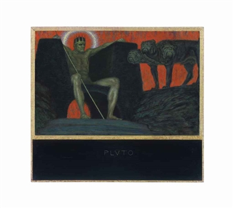 A mythological scene featuring a crowned figure holding a spear, seated beside dark, shadowy figures against a vivid red background.